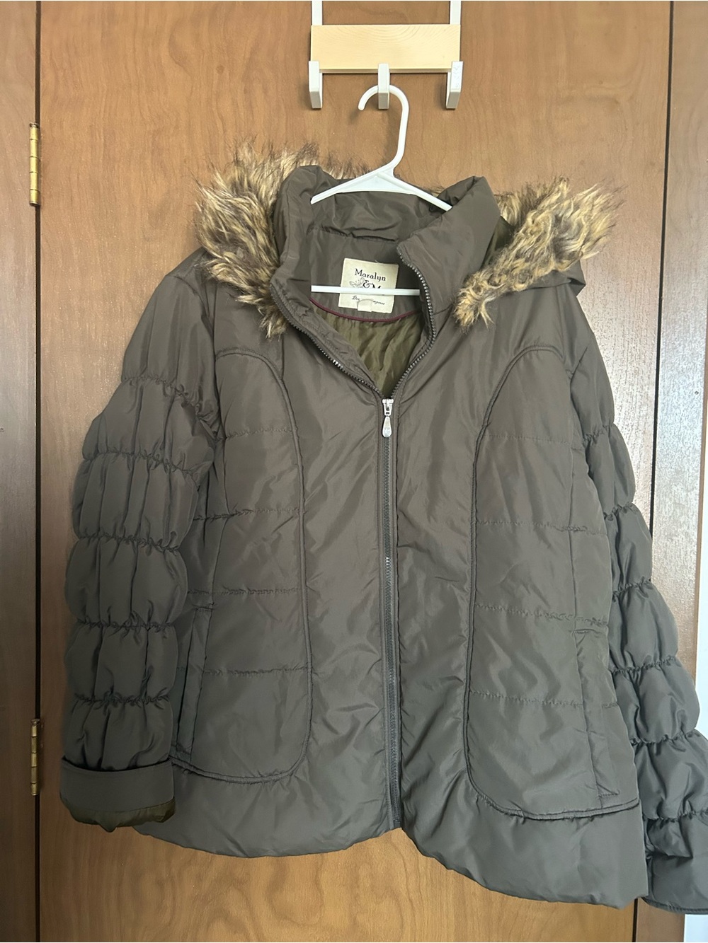 Maralyn & Me Olive Brown Quilted Hooded Puffer with Faux Fur Trim
